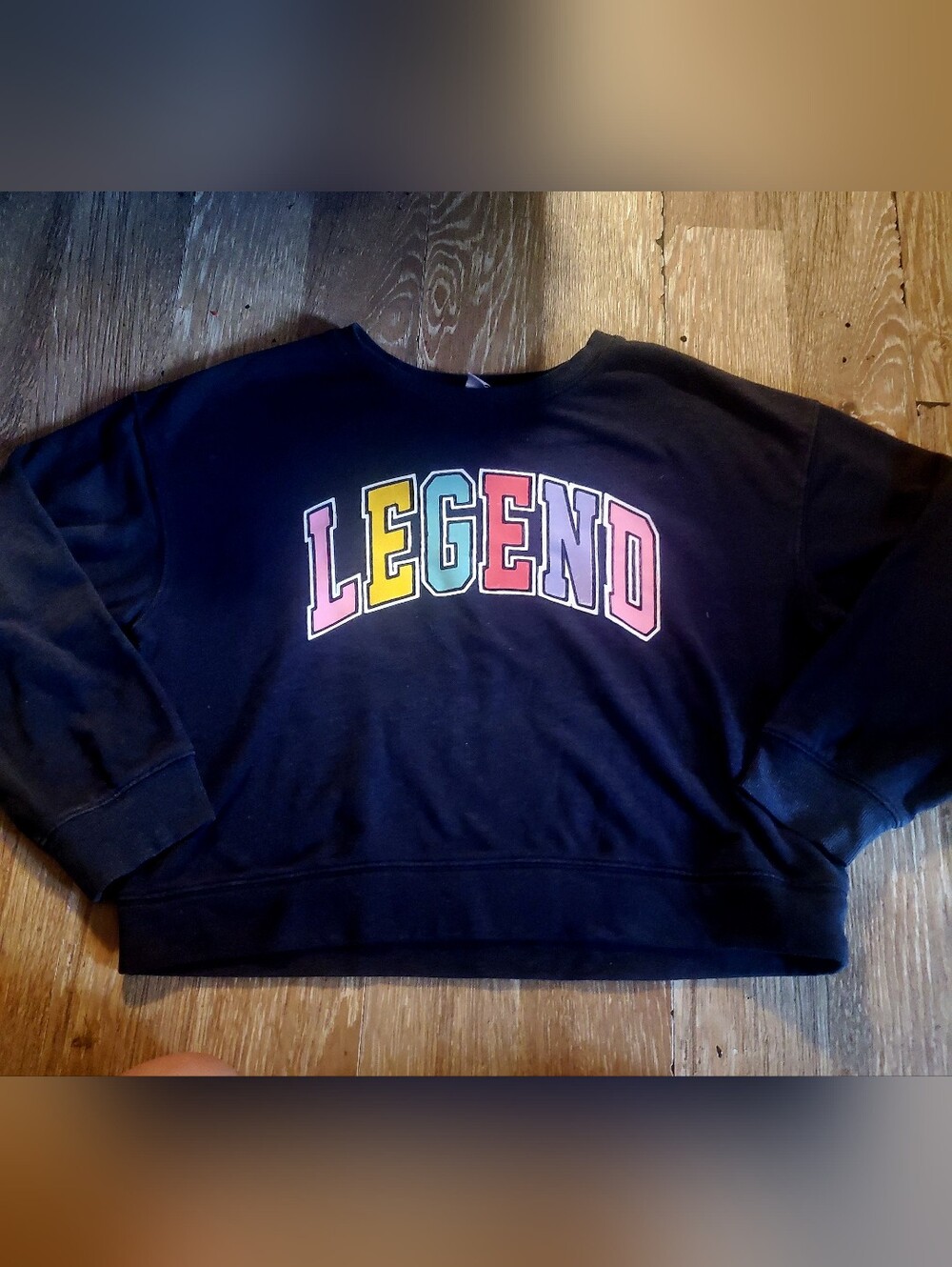 Old Navy Dark Grey Crewneck Sweater with Multi-Colored "LEGEND" Graphic